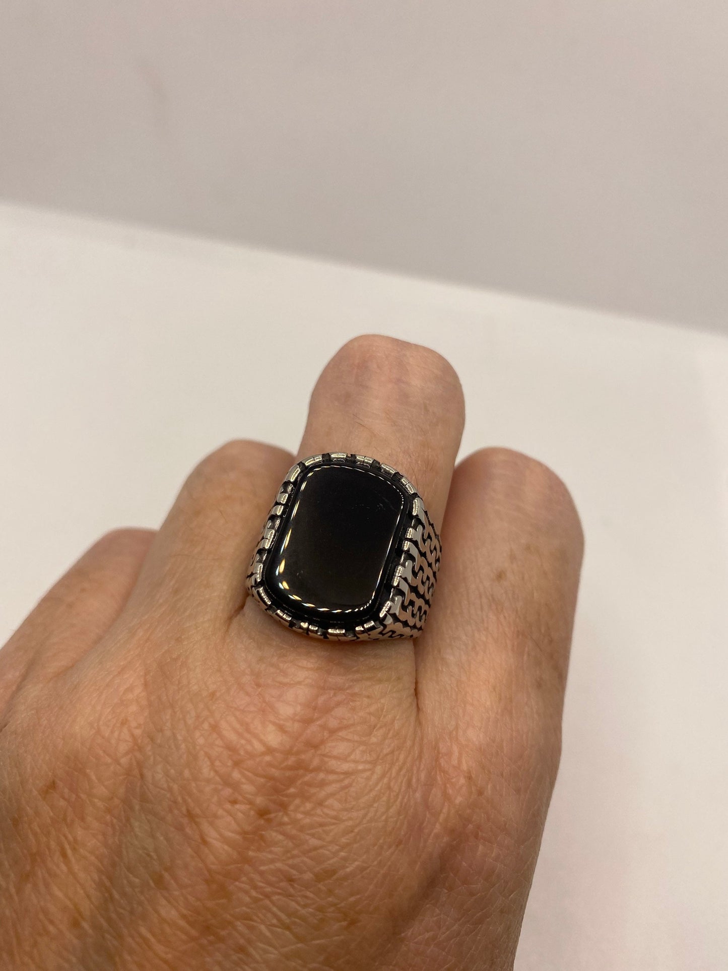 Vintage Gothic Black Onyx Stainless Steel Mens Ring