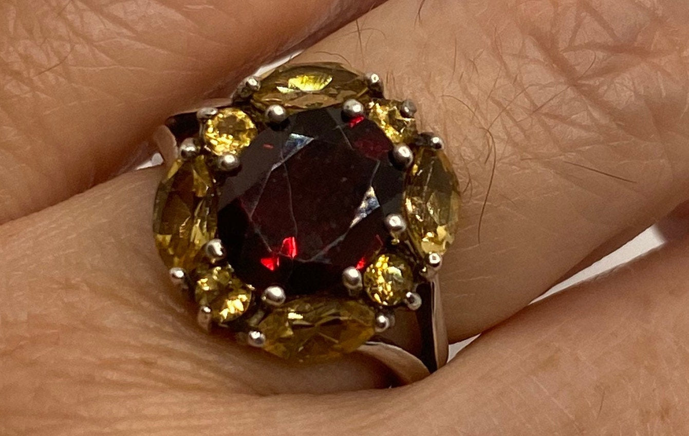 Vintage Golden Topaz Garnet 925 Sterling Silver Gothic Ring