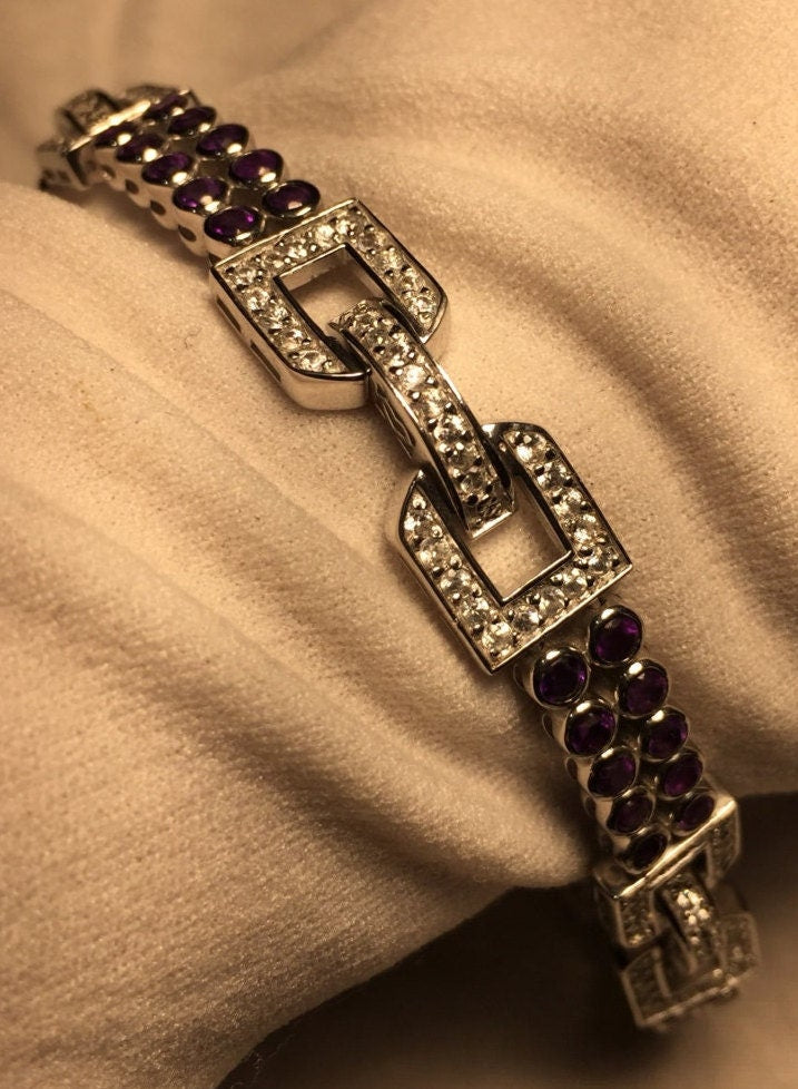 Vintage Amethyst Bracelet 925 Sterling Silver Purple Deco