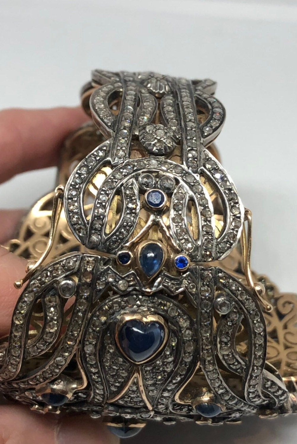 Vintage Rose Gold Cuff Bracelet | Genuine Blue Sapphires Rose Cut Diamonds Rose Gold 925 Sterling Silver Cuff Bracelet