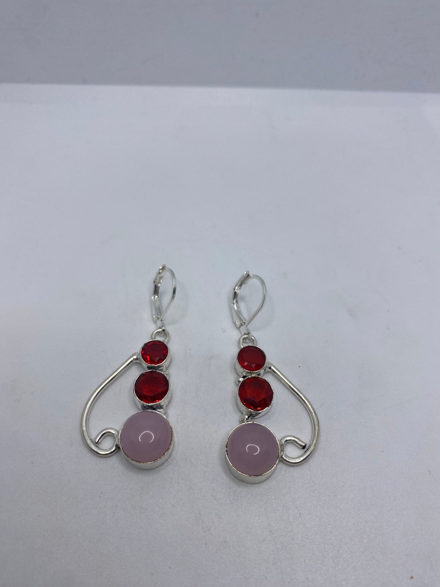 Vintage Red Ruby Glass Rose Quartz Earrings 925 Sterling Silver Leverback