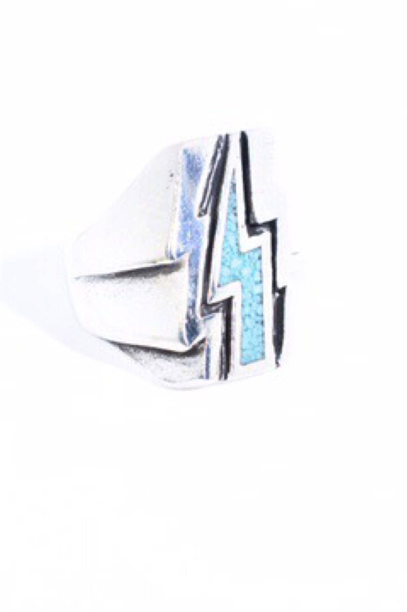 Vintage Southwestern Genuine Turquoise Inlay Lighting Bolt Mens Ring