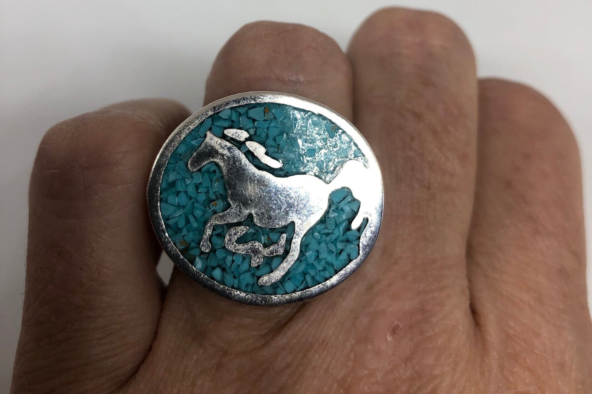 Vintage Native American Style Southwestern Turquoise Stone Inlay Horse Shoe Mens Ring
