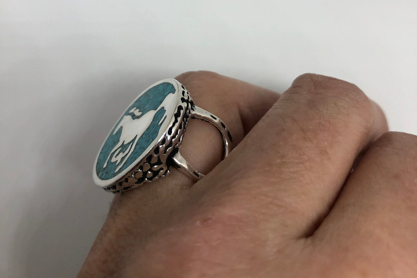 Vintage Native American Style Southwestern Turquoise Stone Inlay Horse Shoe Mens Ring