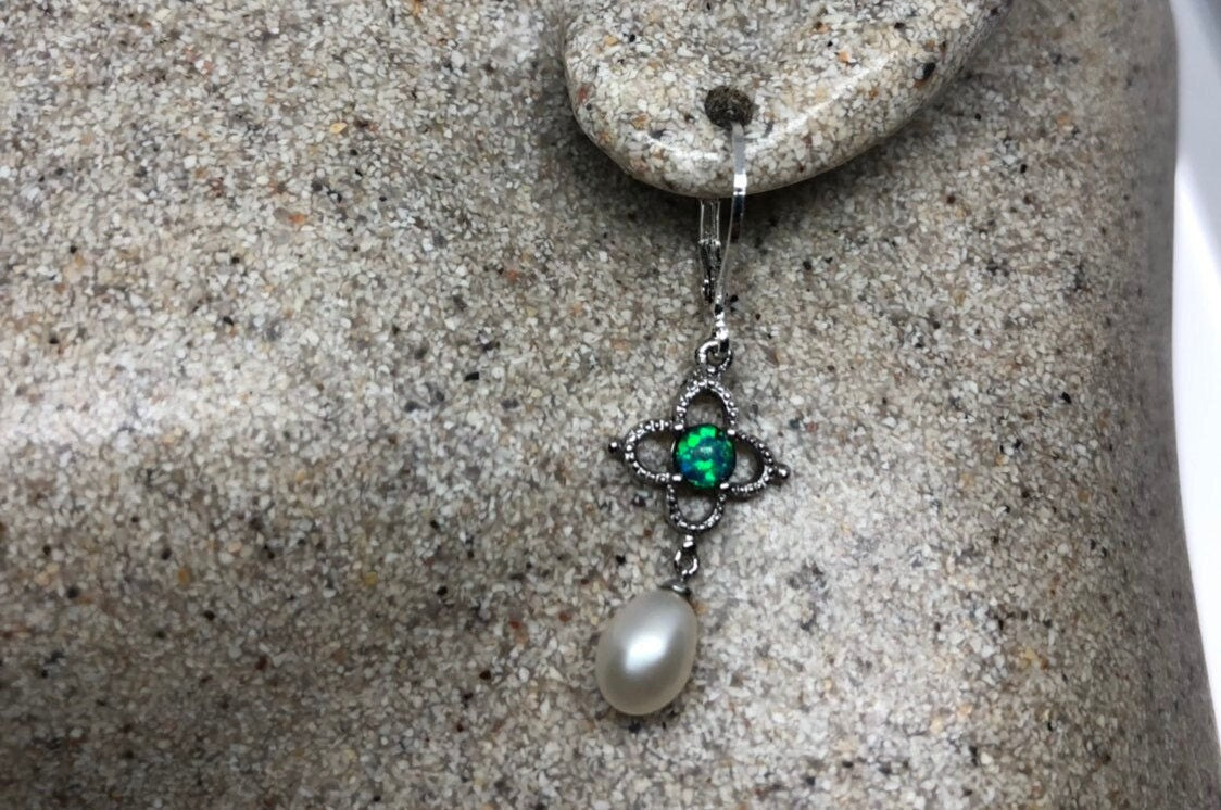 Vintage Fire Opal Earrings 925 Sterling Silver Pearl Dangle