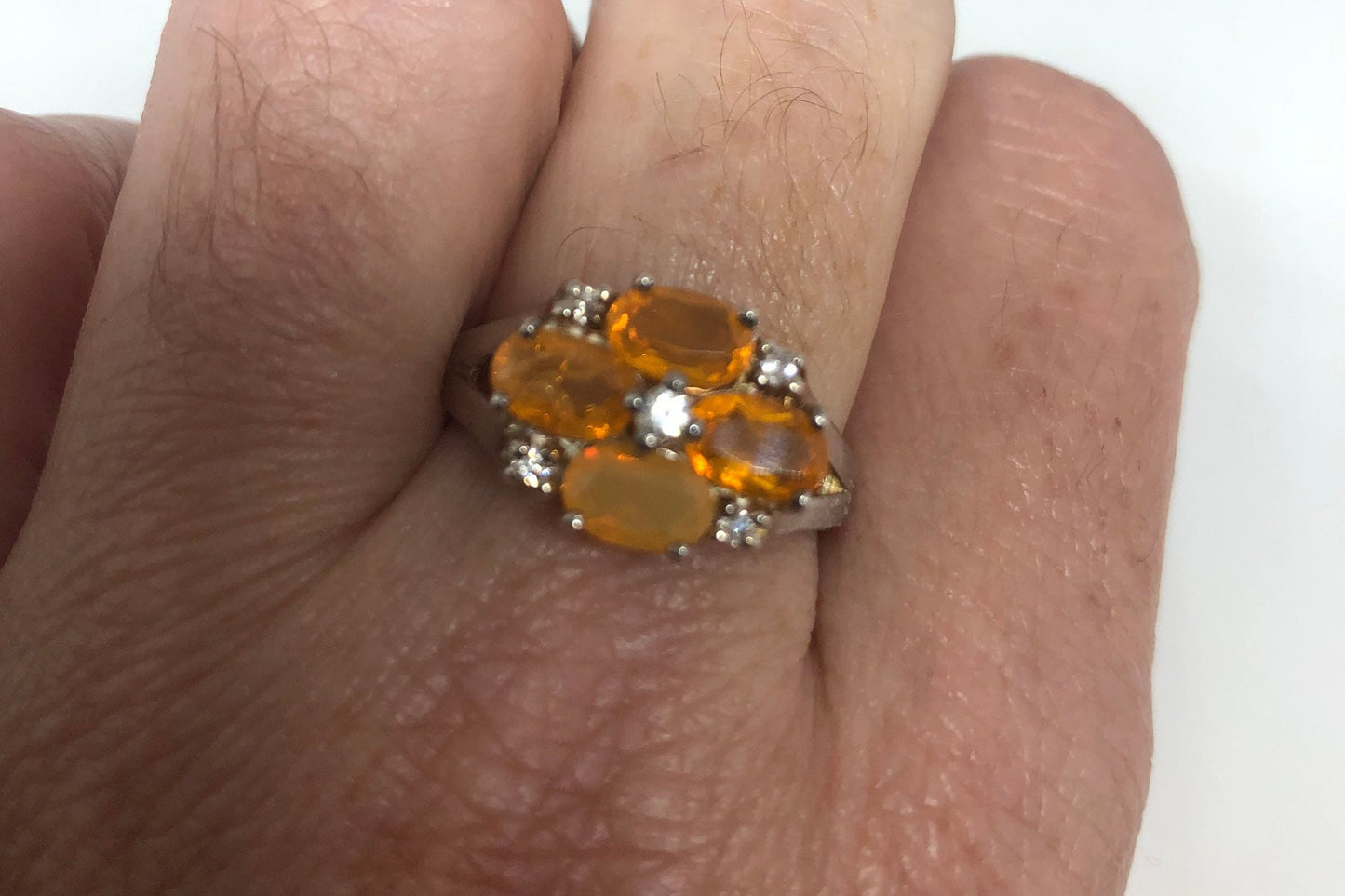 Vintage Fire Opal Ring White Sapphire 925 Sterling Silver Cocktail