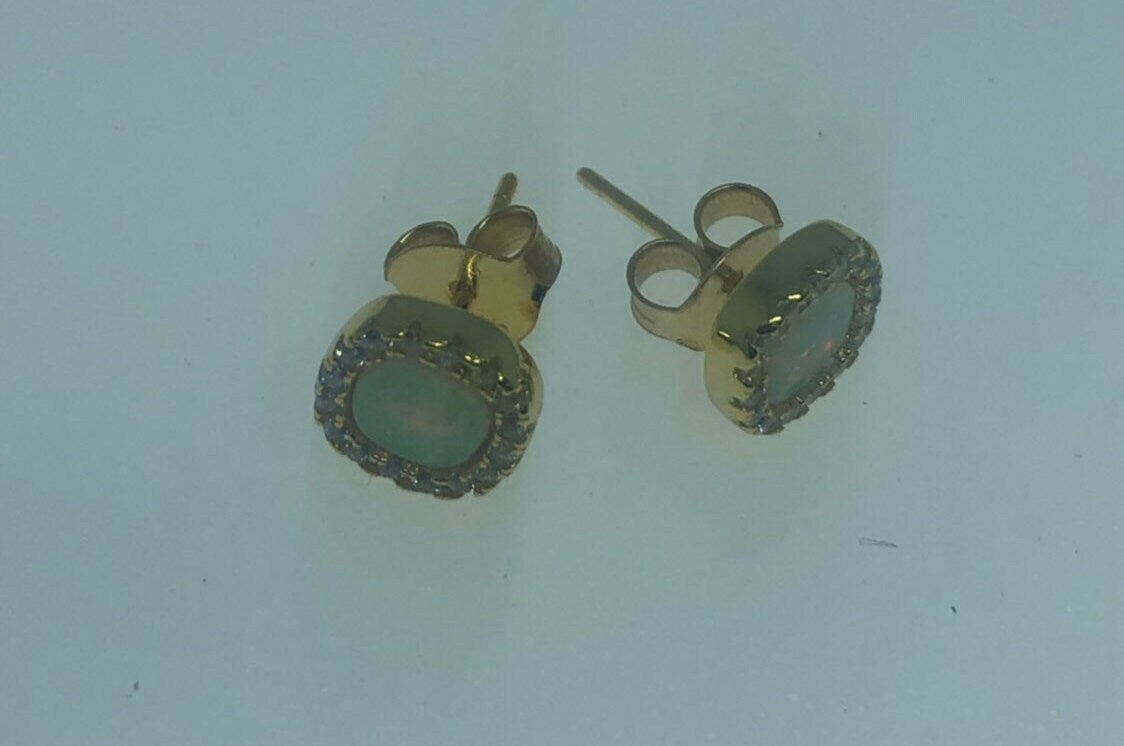 Vintage Fire Opal Earrings Golden 925 Sterling Silver button Studs