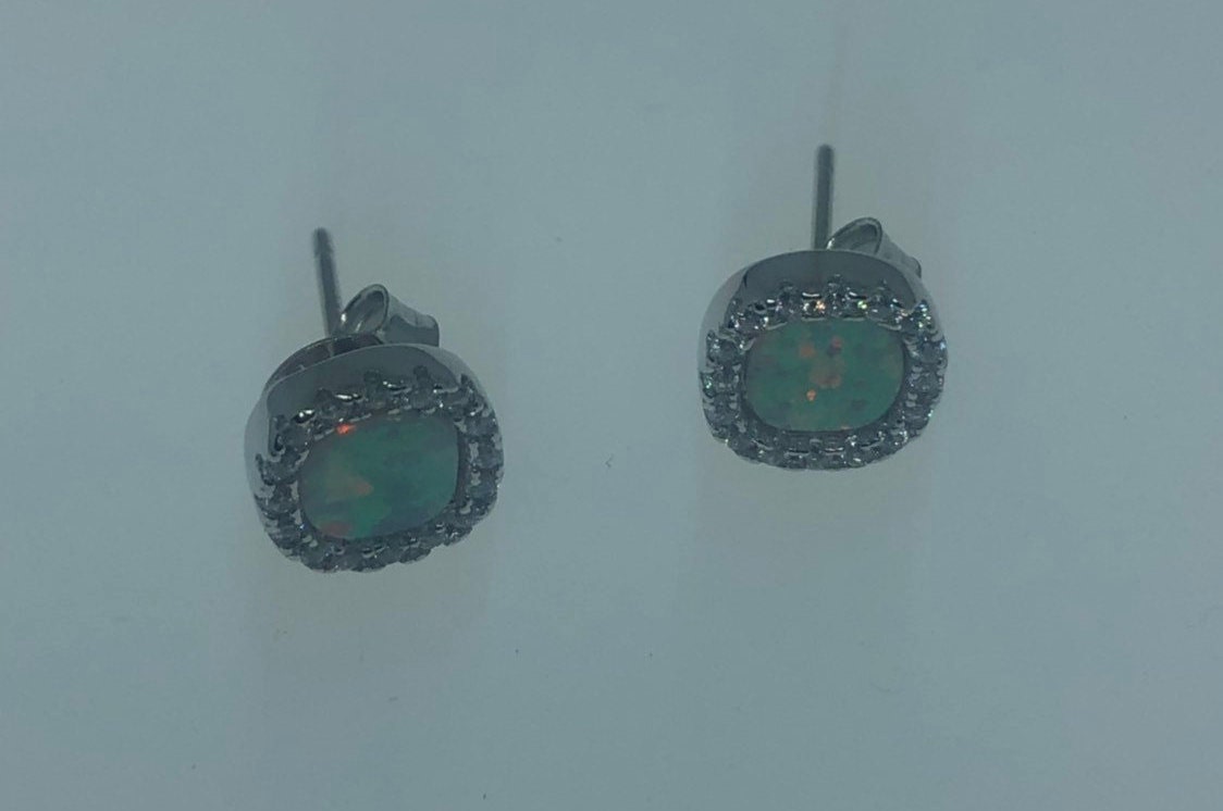Vintage Fire Opal Earrings 925 Sterling Silver button Studs