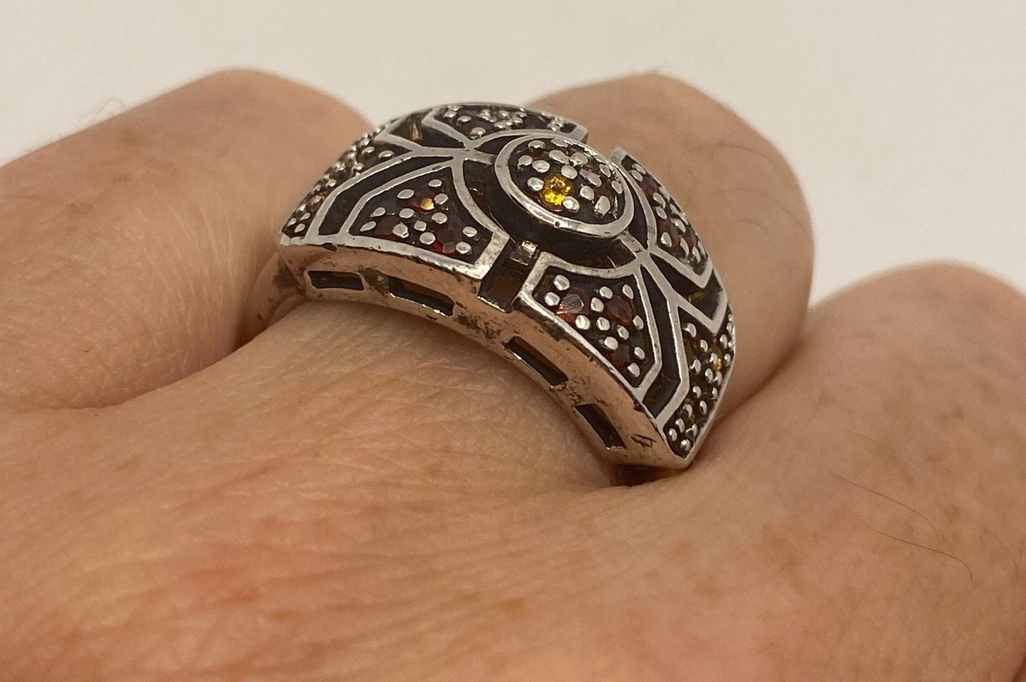 Vintage Golden Topaz Garnet 925 Sterling Silver Gothic Ring