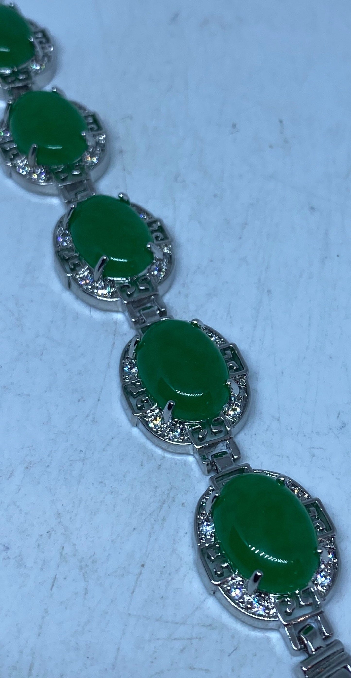 Vintage Deco Green Jade Bracelet Silver White Bronze