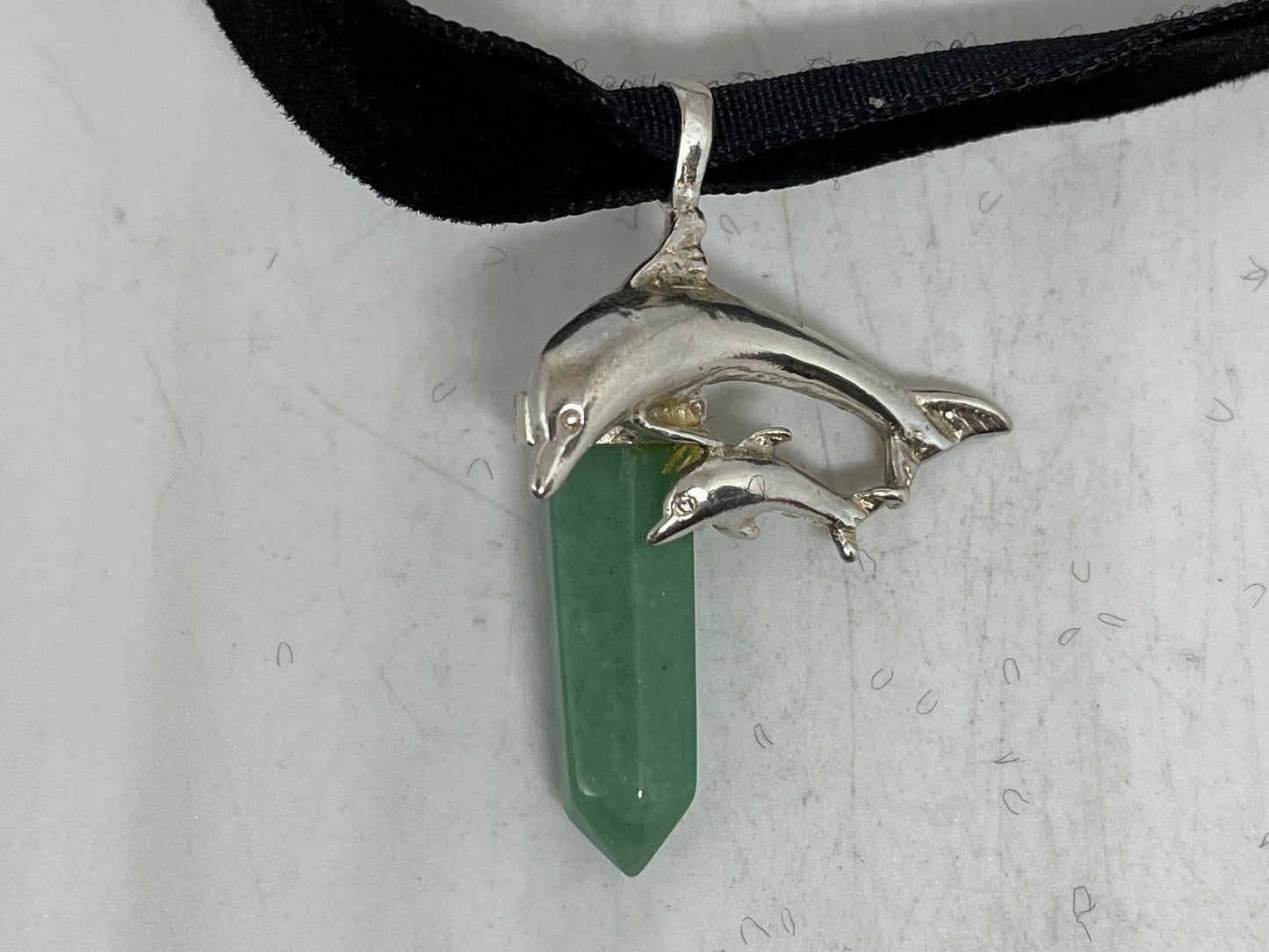 Vintage Green Jade in 925 Sterling Silver Dolphin Necklace
