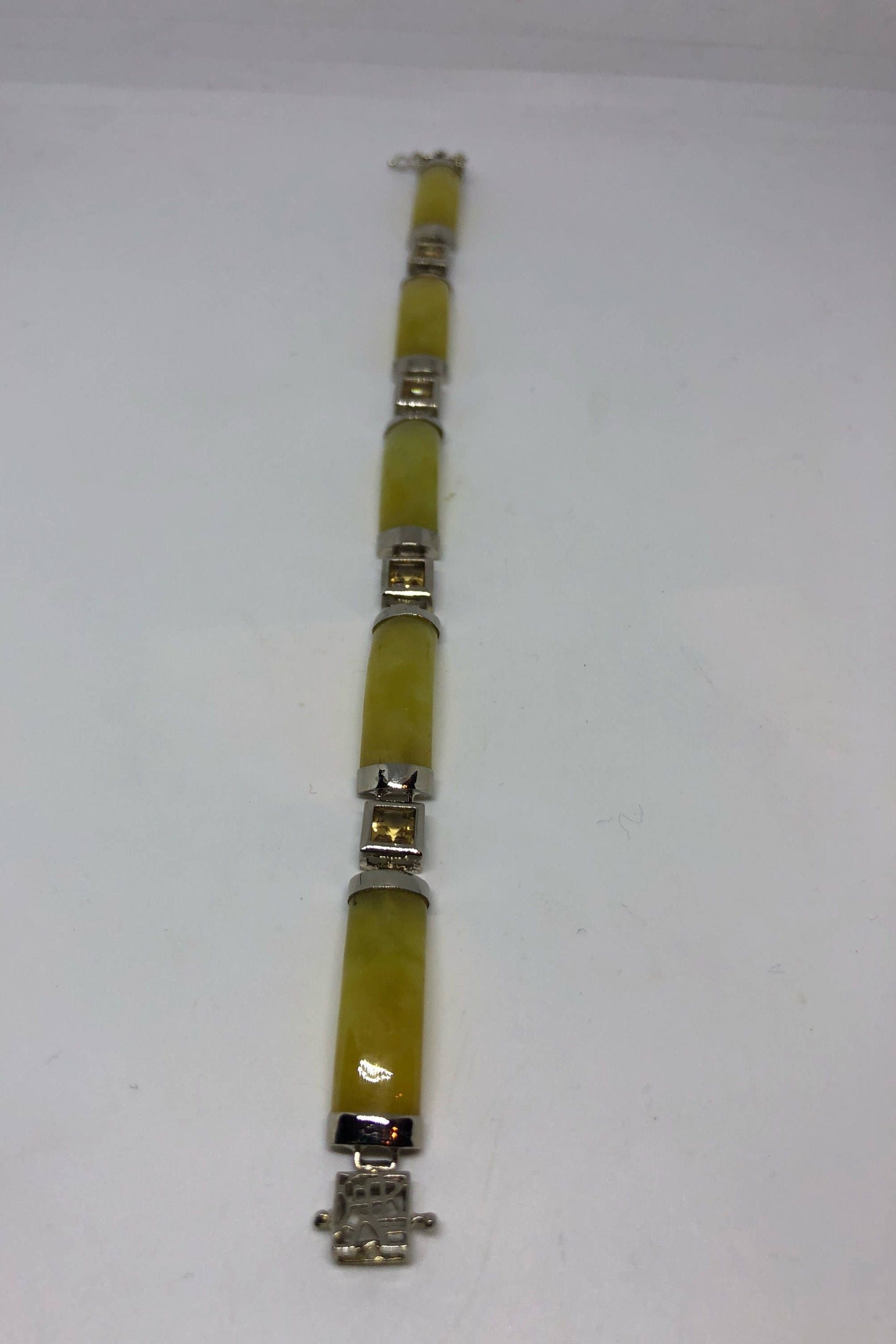 Vintage Handmade Mosaic of Golden Citrine and Yellow Jade in 925 Sterling Silver Bracelet