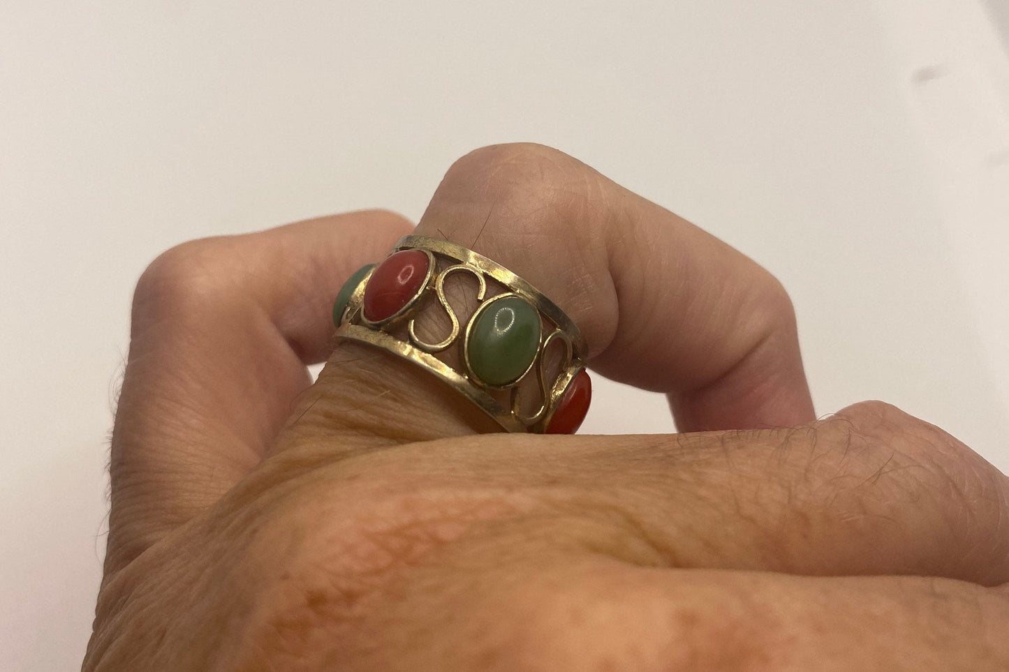 Vintage Red Jade wedding Band 925 Sterling Silver Eternity Ring