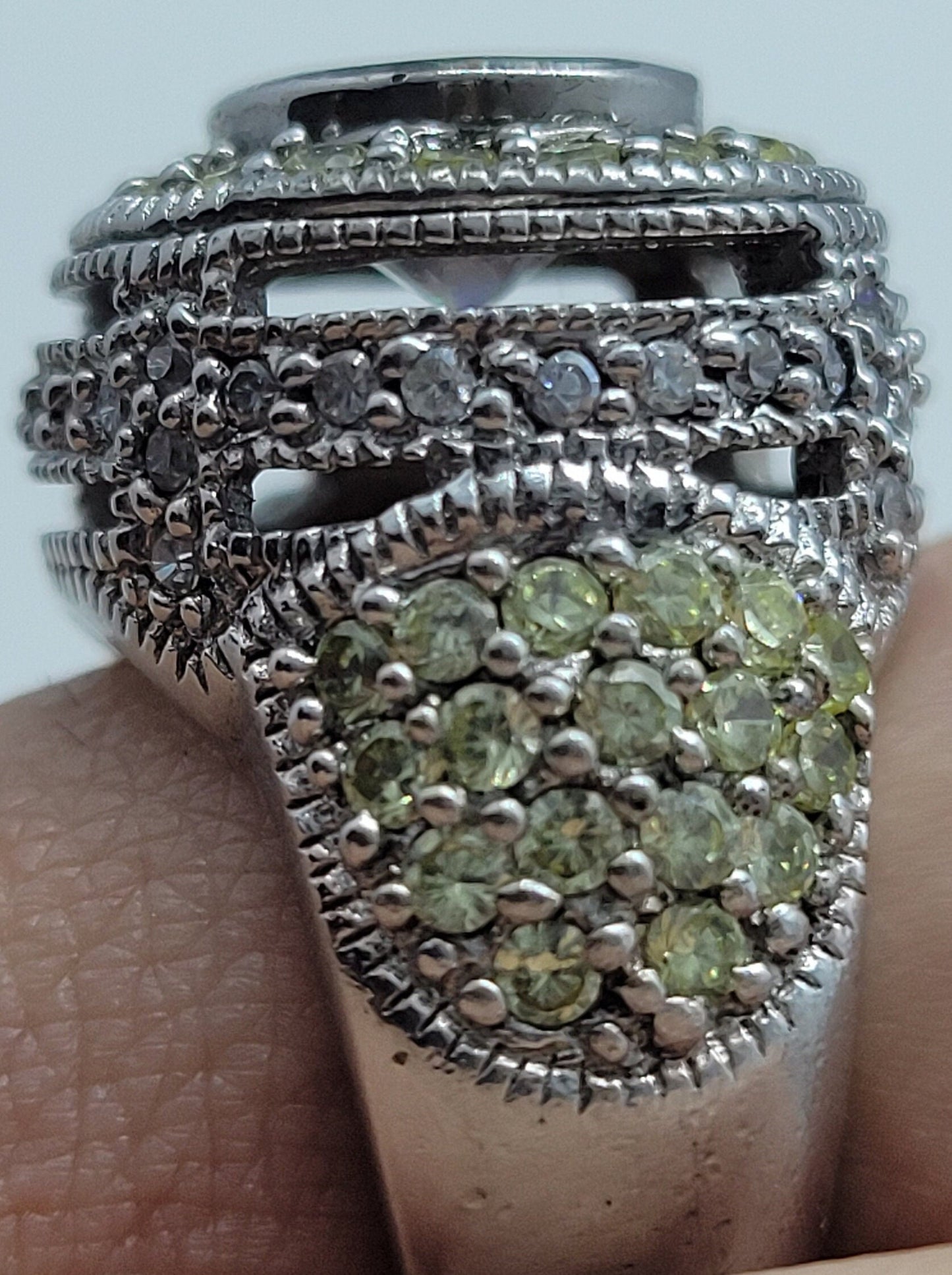 Vintage Sterling Silver White Topaz Ring, Genuine Sapphire & Peridot