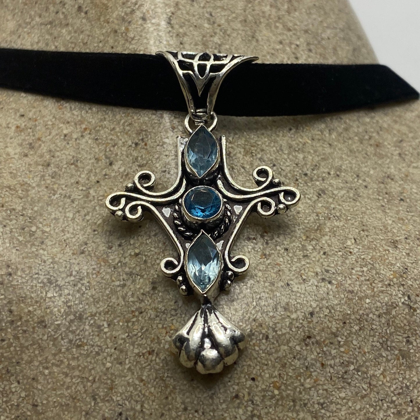 Vintage Blue Topaz Cross Choker Black Velvet Ribbon Pendant