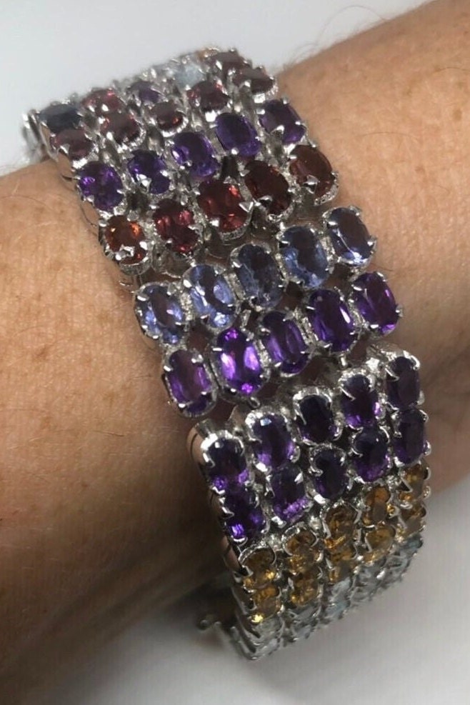 Handmade Genuine Mixed Gemstone in 925 Sterling Silver Tennis Bracelet