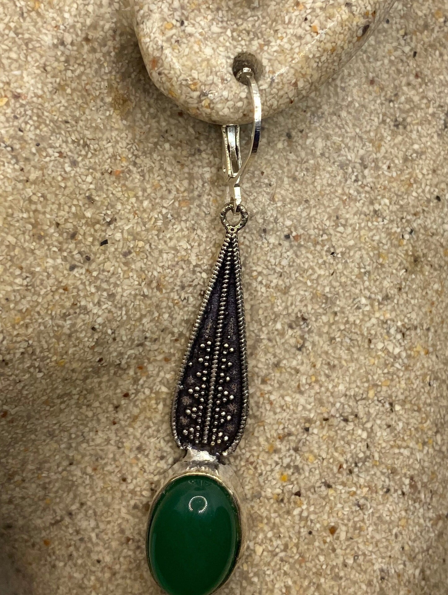 Antique Vintage Green Chrysoprase Silver Dangle Earrings