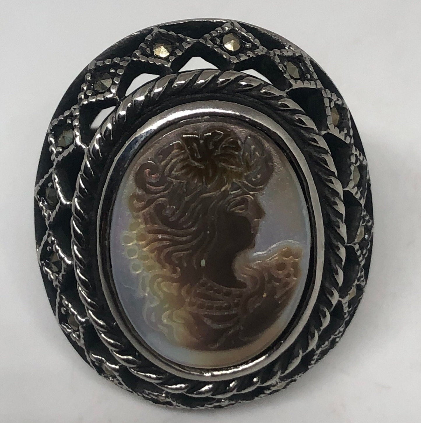 Antique White Mother of Pearl Cameo Marcasite Filigree Ring