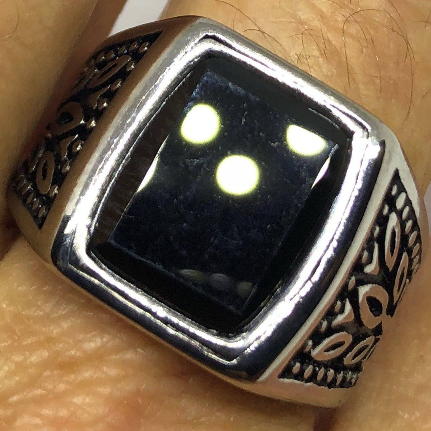Vintage Gothic Black Onyx Stainless Steel Mens Ring