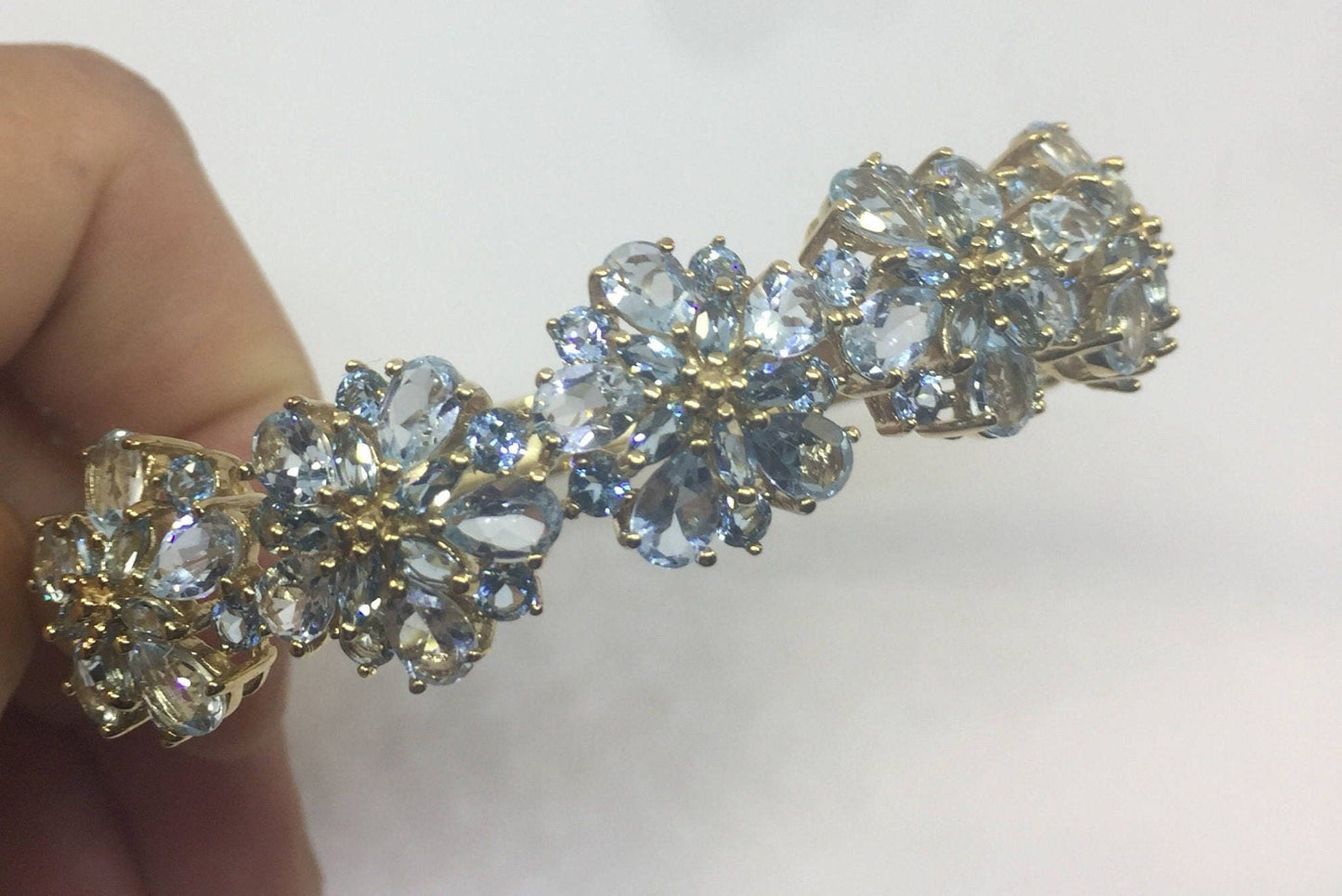 Vintage Silver Bangle | Genuine Blue Topaz Aquamarine Flower 925 Sterling Silver Bangle Bracelet