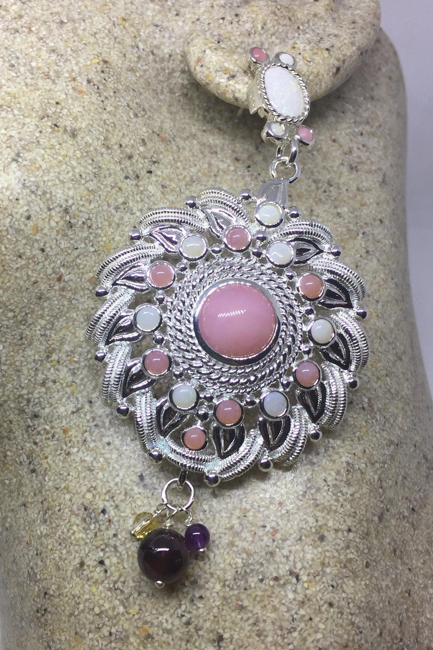 Antique Vintage Pink White Opal 925 Sterling Silver Dangle Chandelier Earrings