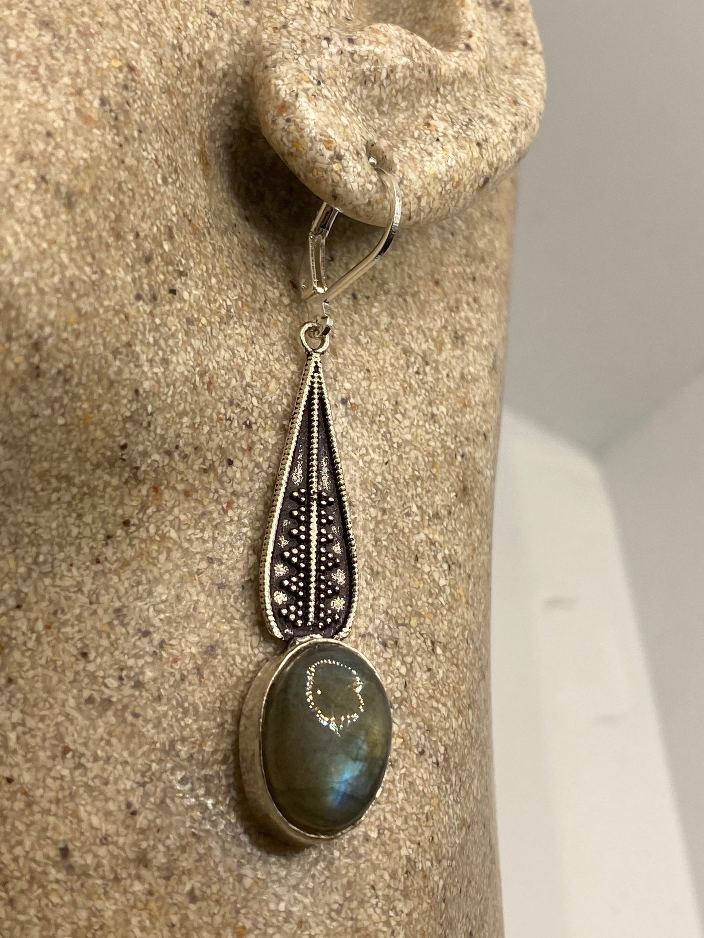 Antique Vintage Green Labradorite Silver Dangle Earrings