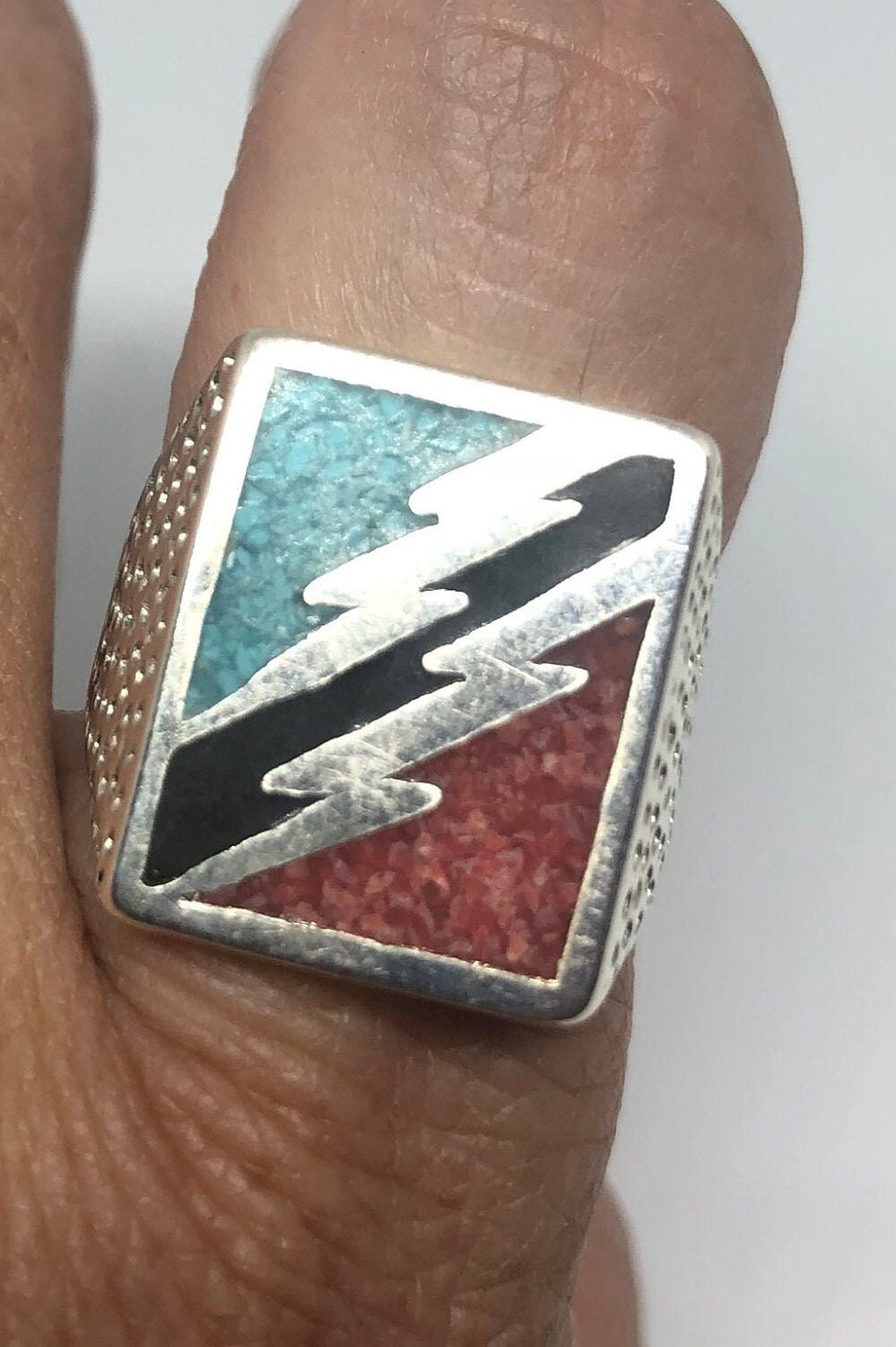 Vintage Southwestern Turquoise Lighting Bolt Mens Ring