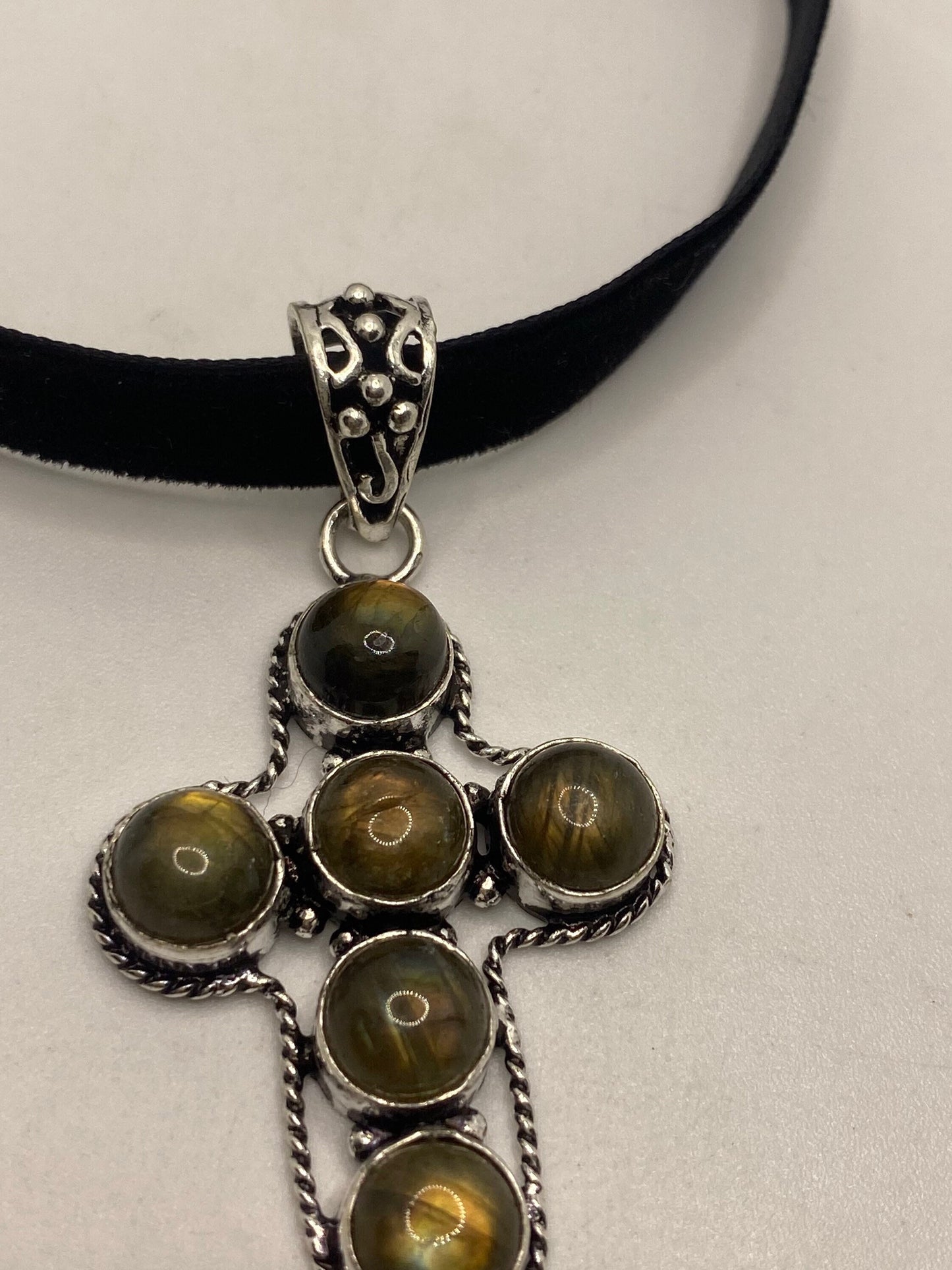 Vintage Silver Genuine Rainbow Labradorite Cross Choker Black Velvet Necklace.
