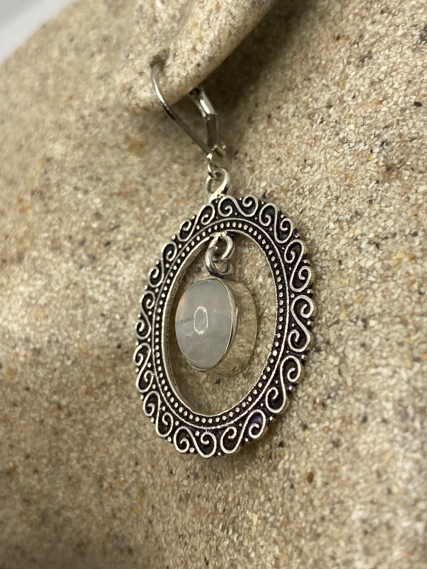 Vintage Rainbow Moonstone Sterling Silver Lever Back leaf Dangle Earrings
