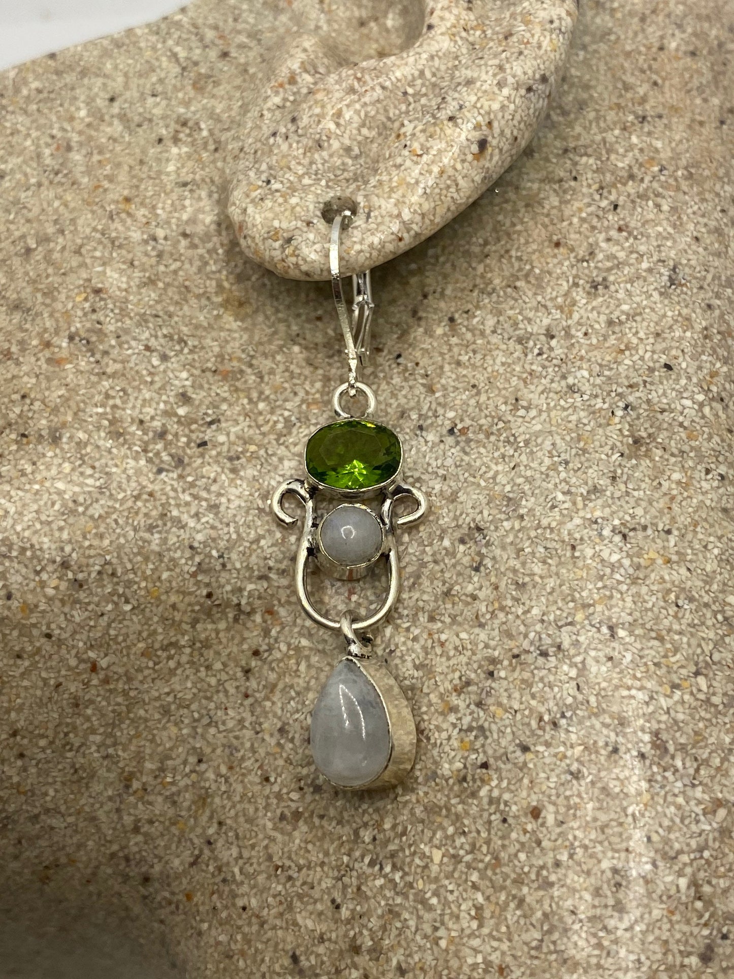 Vintage Rainbow Moonstone sterling Silver Lever Back leaf Dangle Earrings