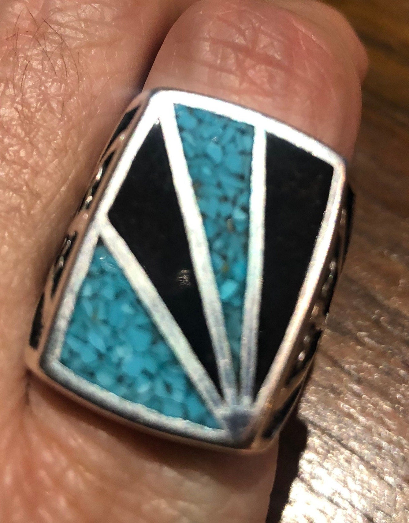 Vintage Native American Style Southwestern Turquoise Stone Inlay Mens Ring
