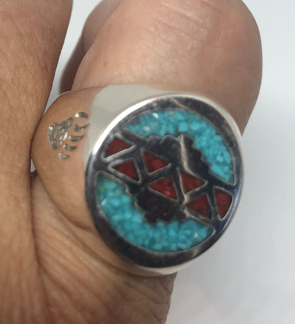 Vintage Native American Style Southwestern Turquoise Stone Inlay Mens Ring