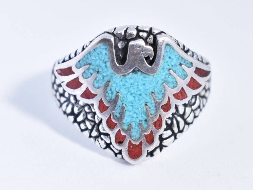 Vintage Native American Style Southwestern Turquoise Stone Inlay Men's Hawk Ring