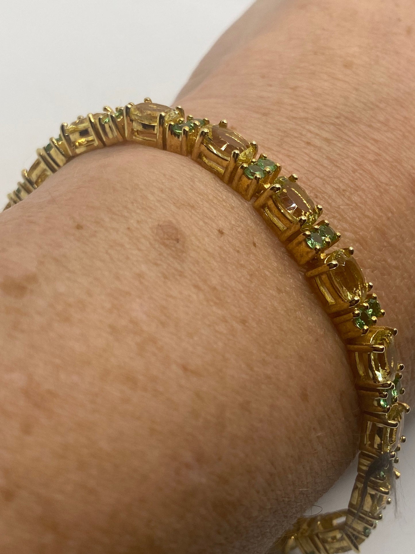 Vintage Handmade Genuine Golden Lemon Quartz Green Chrome Diopside 925 Sterling Silver Tennis Bracelet
