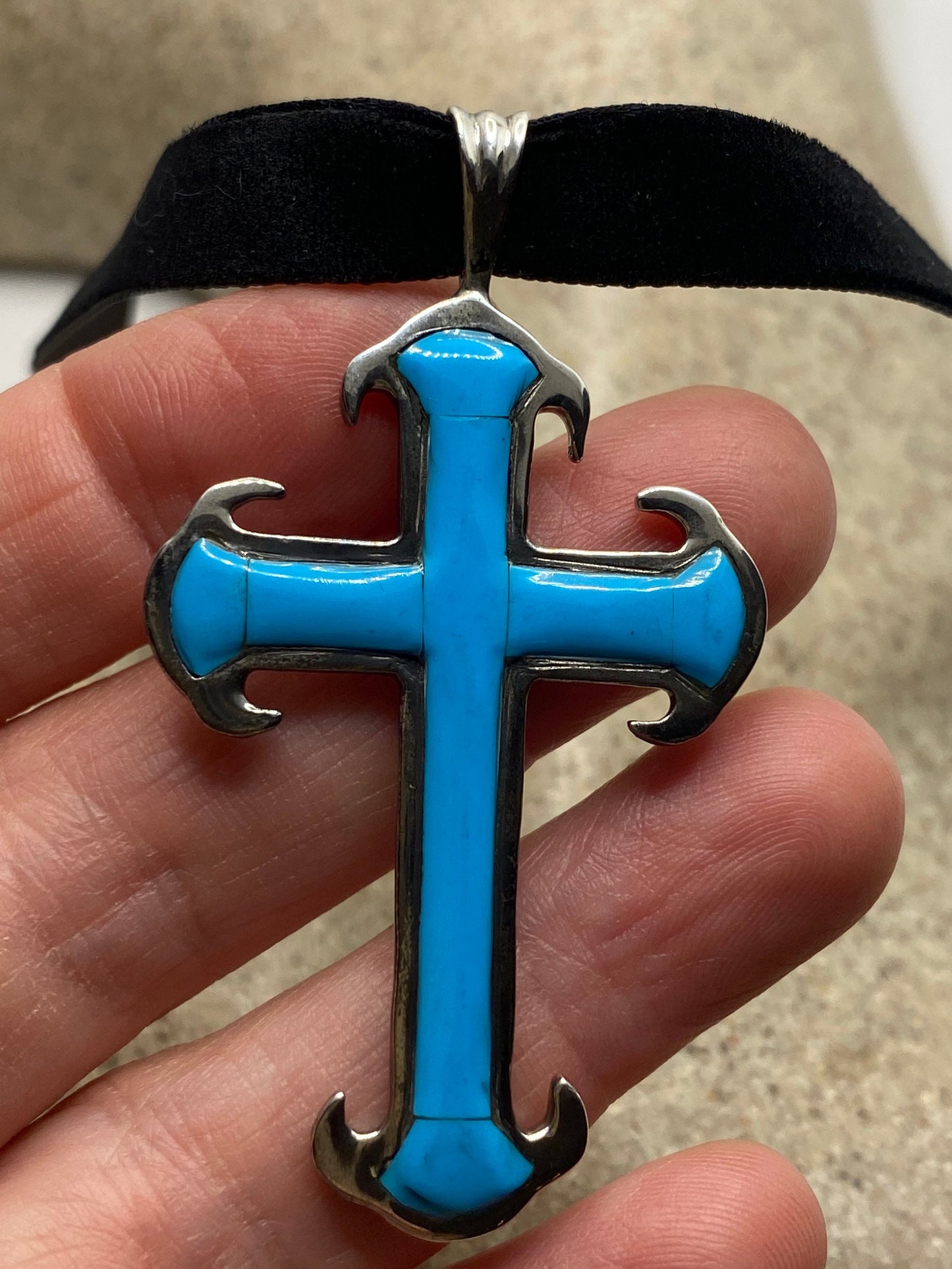 Vintage Turquoise Cross Choker 925 Sterling Silver Pendant Necklace
