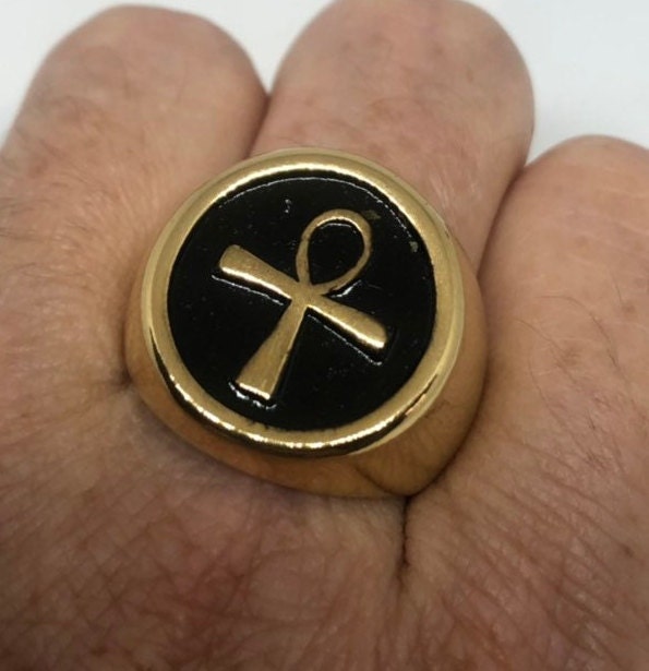 Vintage Golden Stainless Steel Gothic Egyptian Ankh Mens Ring
