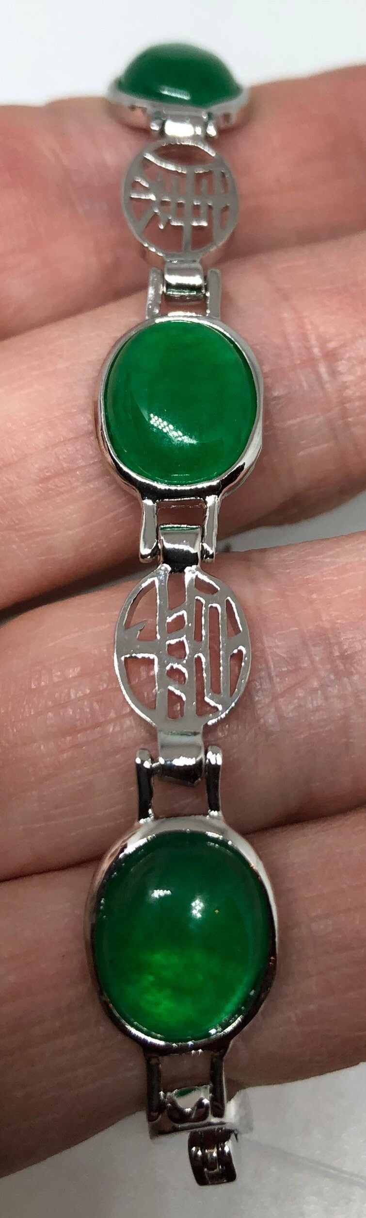 Vintage Green Jade Bracelet Silver Lucky Chinese Calligraphy Words