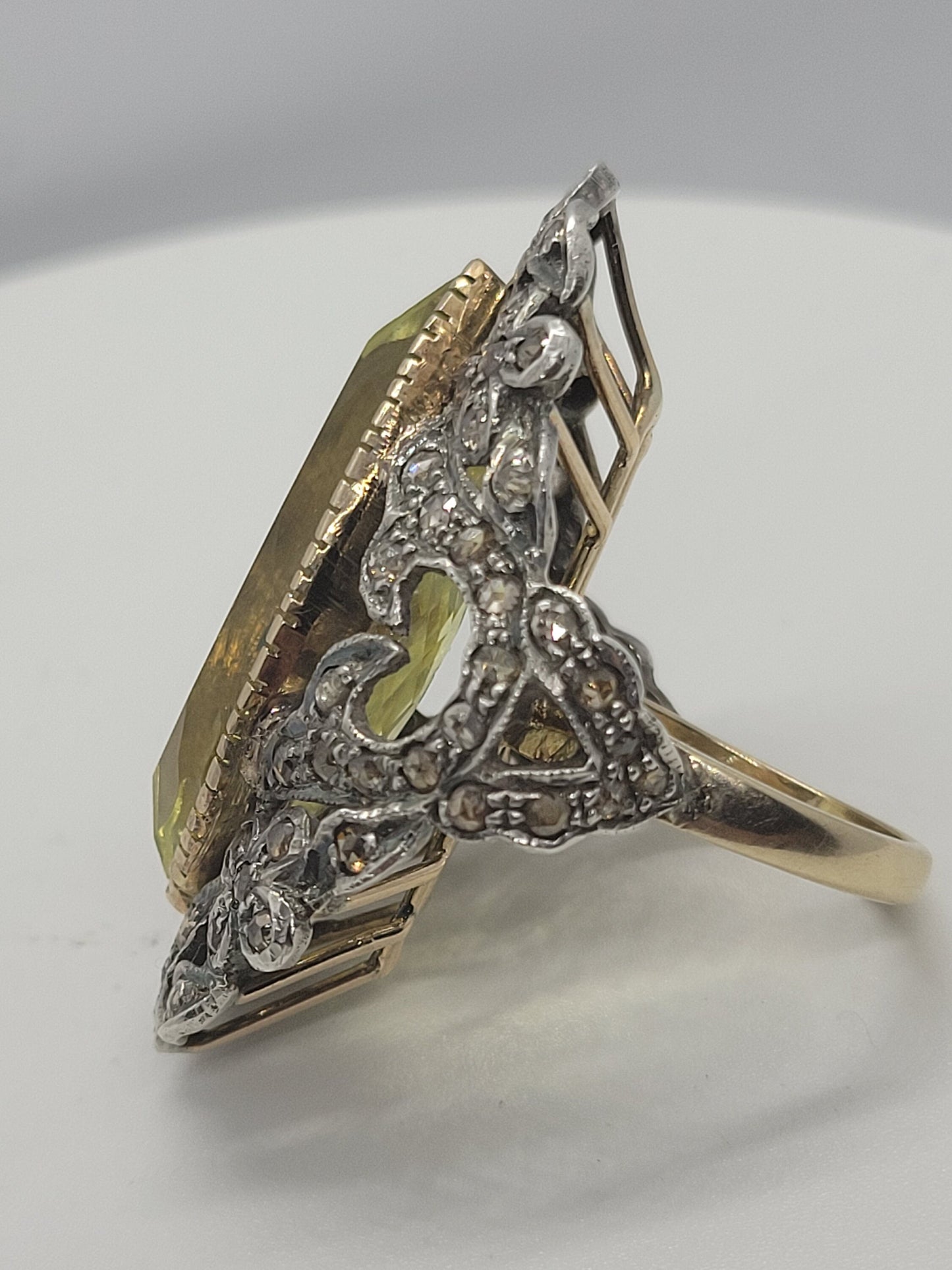 Vintage Lemon Quartz with Diamond in 925 Sterling Silver and 18k Gold Ring with Genuine Lemon Quartz with Diamond