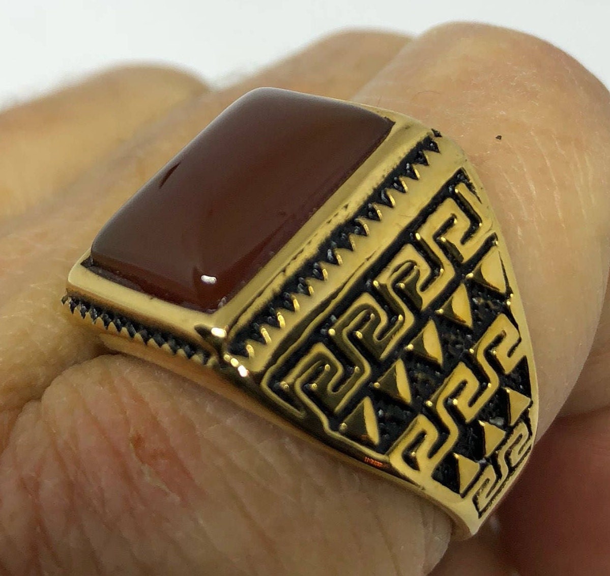 Vintage Gothic Gold Finished Genuine Red Carnelian Mens Ring