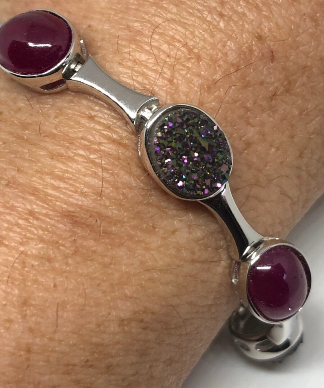 Handmade Genuine Red Ruby and Peacock Ore Druzy Sterling Silver Bracelet