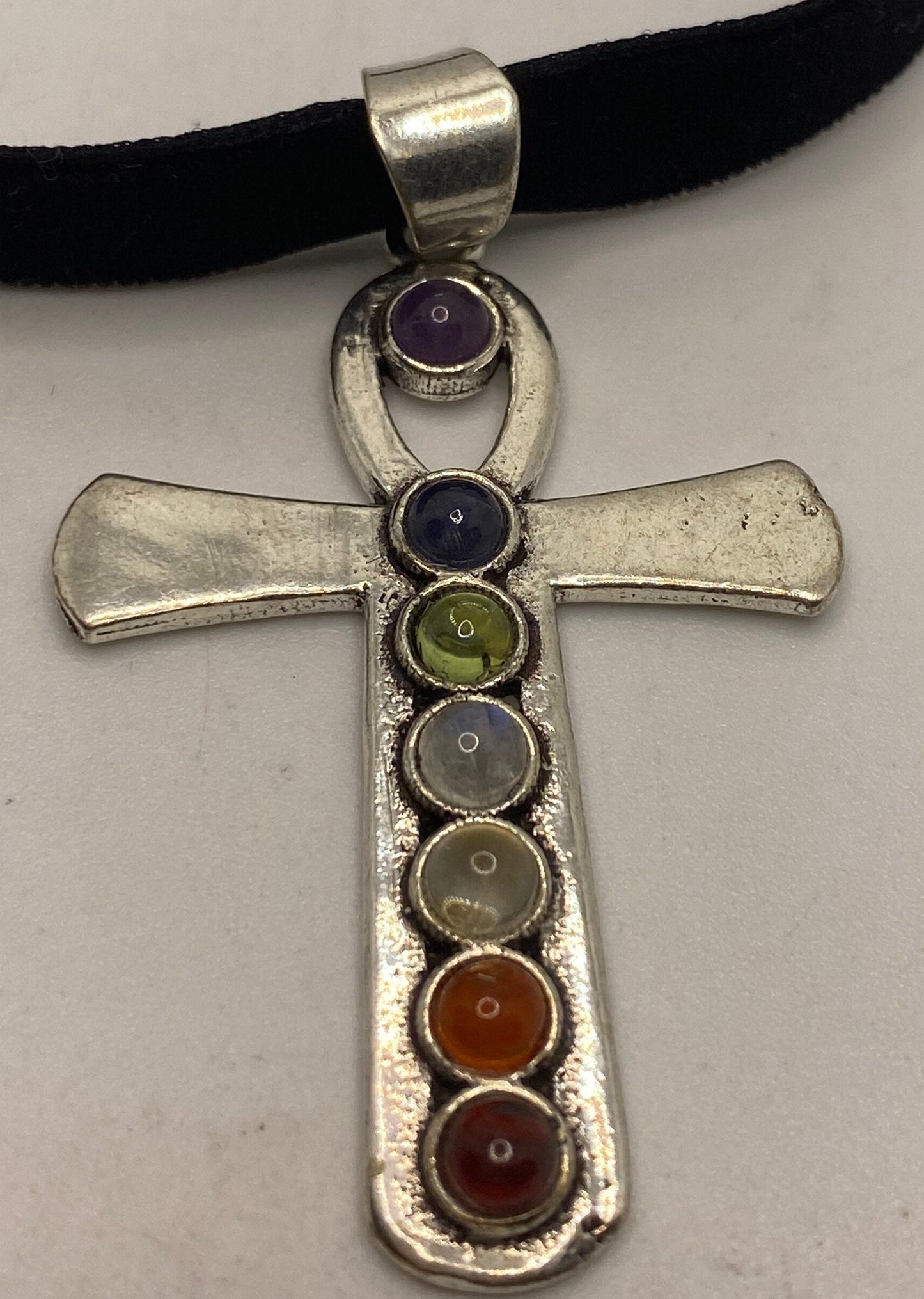 Vintage Ankh Chakra Stones Bronze Velvet Choker Necklace