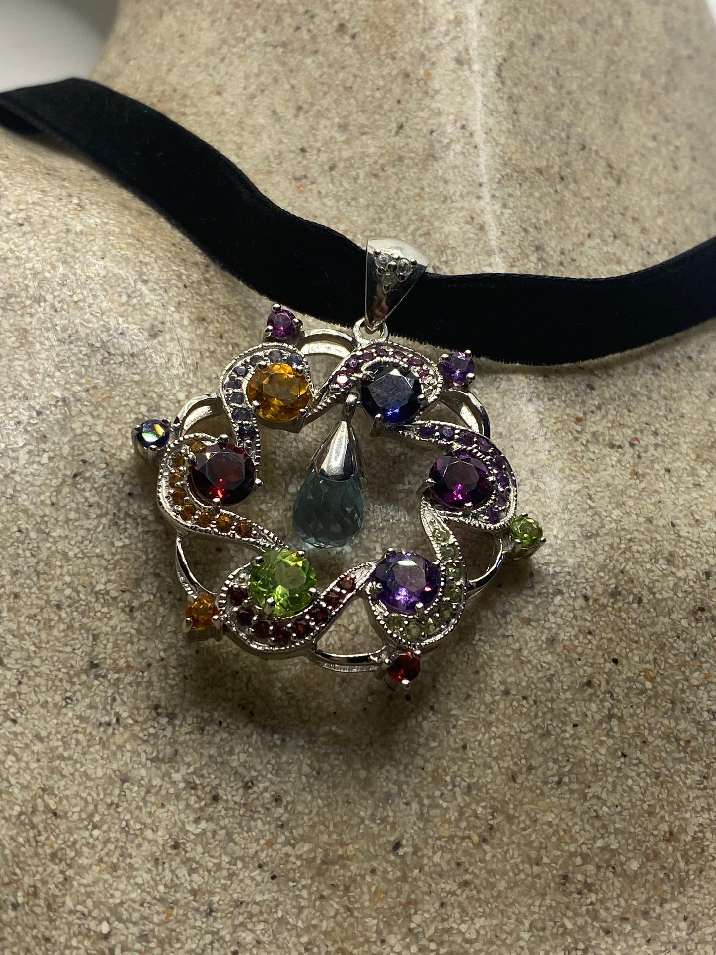 Vintage 925 Sterling Silver Genuine Garnet Mixed Gemstone and Citrine Antique Pendant Necklace
