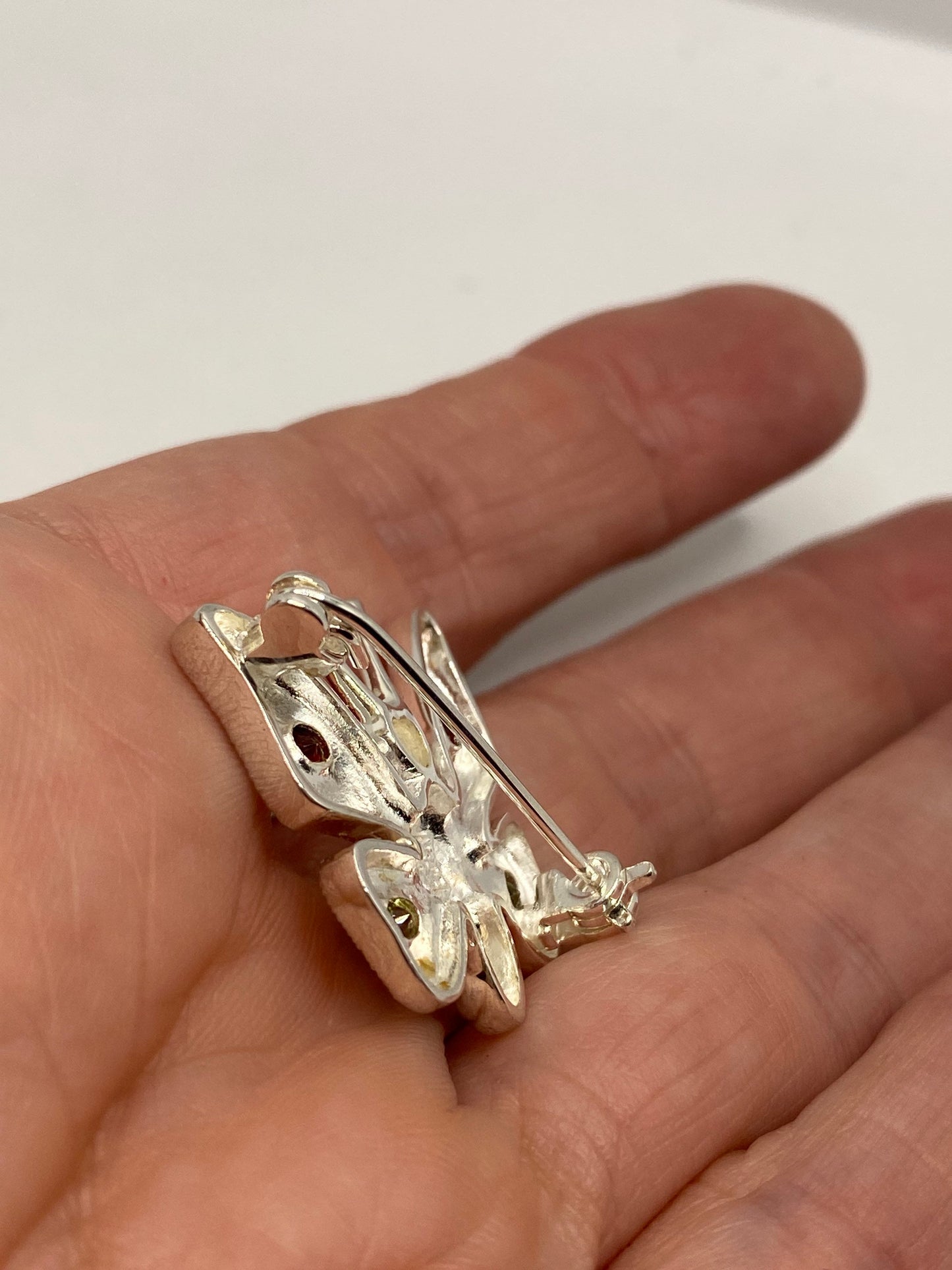 Vintage Handmade Garnet and Peridot Sterling Silver Butterfly Brooch