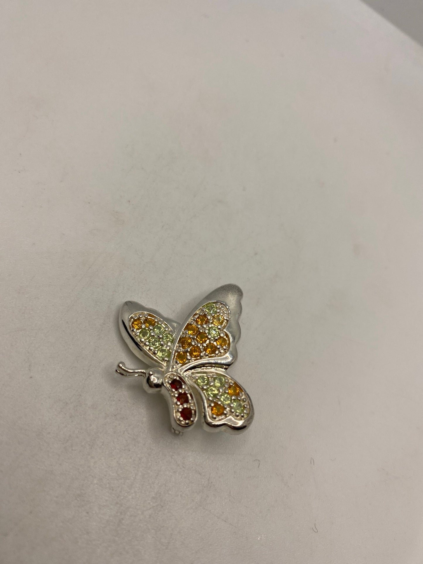 Vintage Citrine Peridot and Garnet pin 925 Sterling Silver Butterfly Brooch