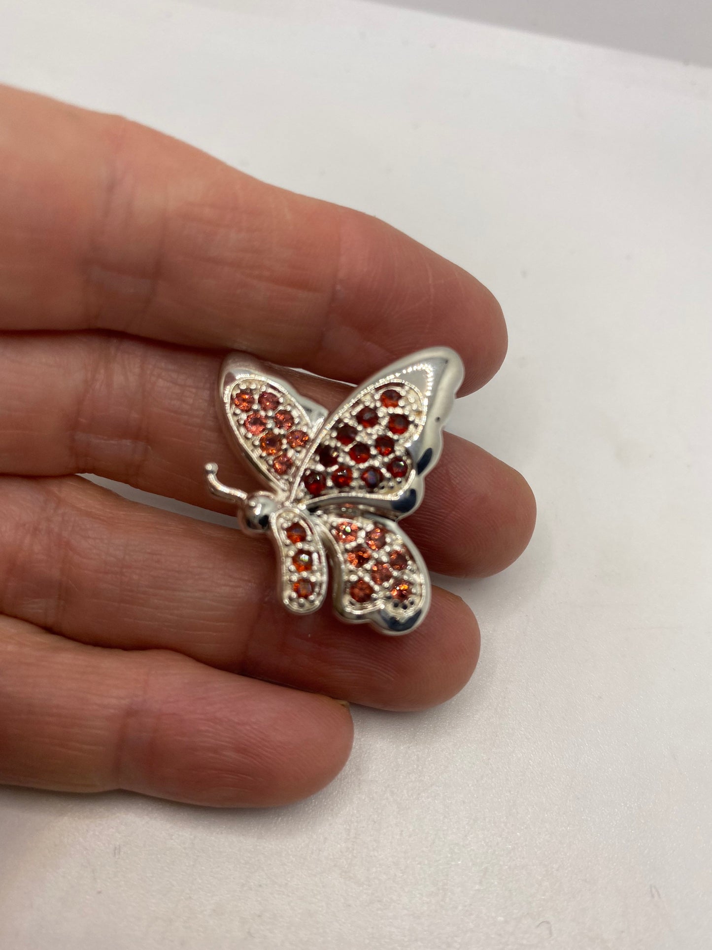 Vintage Red Garnet Pin 925 Sterling Silver Butterfly Brooch