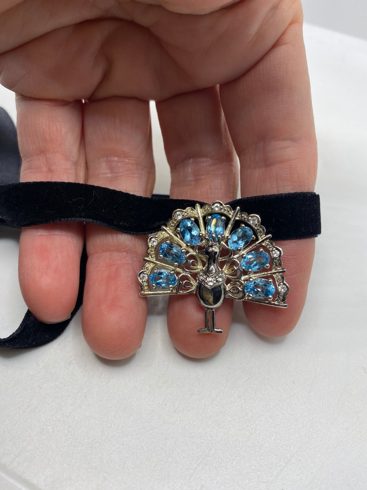 Vintage Blue Topaz Peacock Choker Pin 925 Sterling Silver Brooch