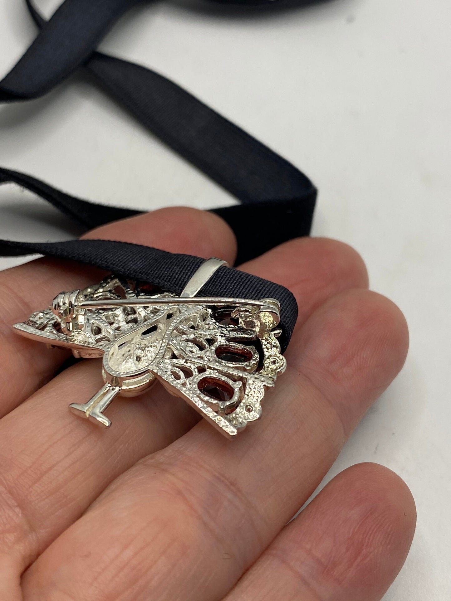 Vintage Red Garnet Peacock Choker Pin 925 Sterling Silver Brooch