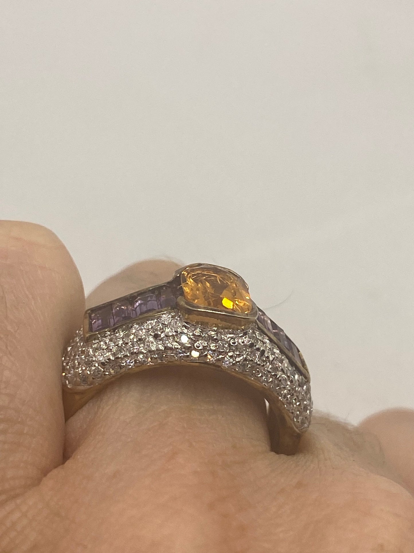 Vintage Golden Citrine and Amethyst 925 Sterling Silver Ring