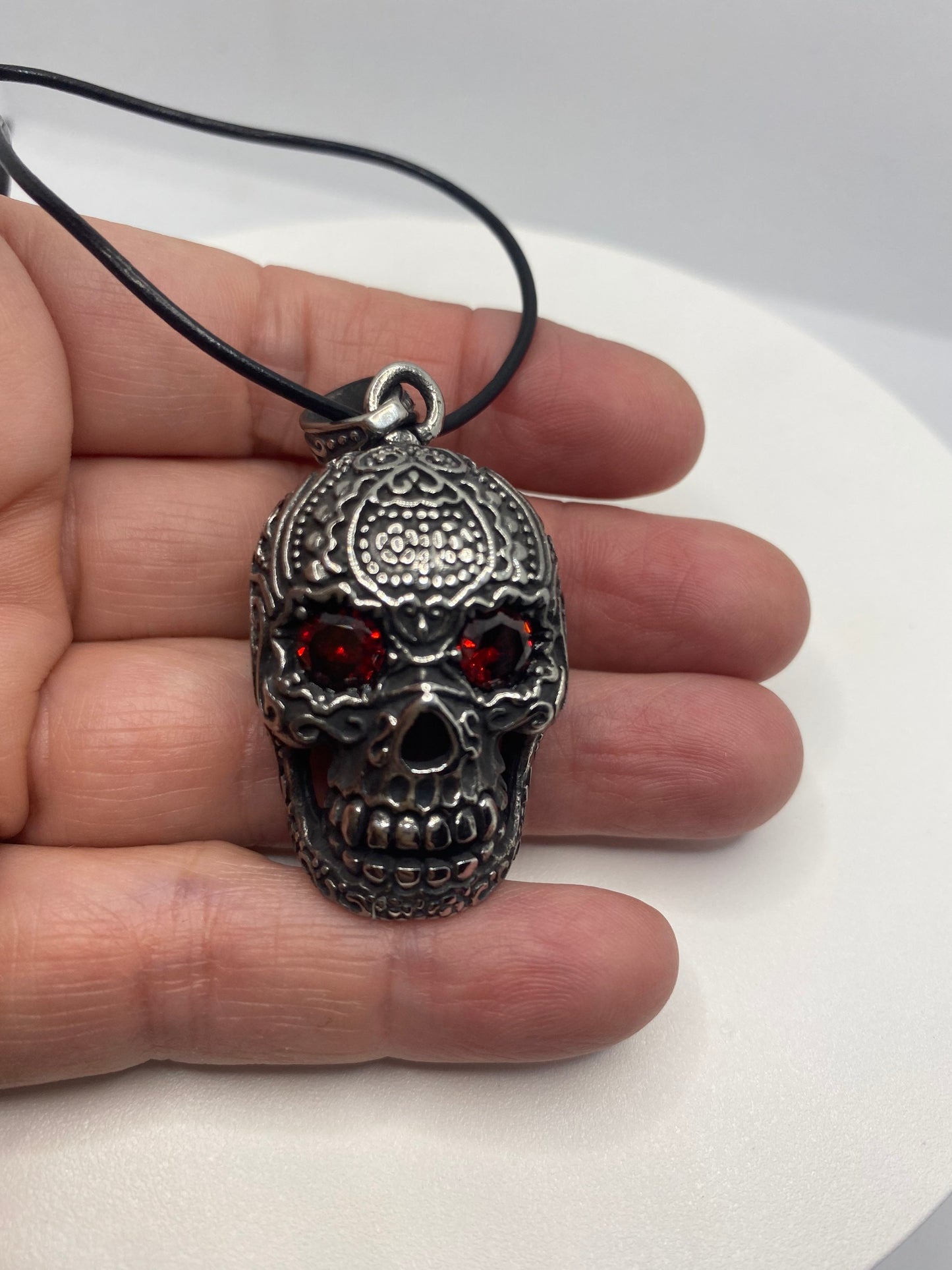 Vintage Silver Stainless Steel Red Austrian Crystal Skull Pendant Necklace