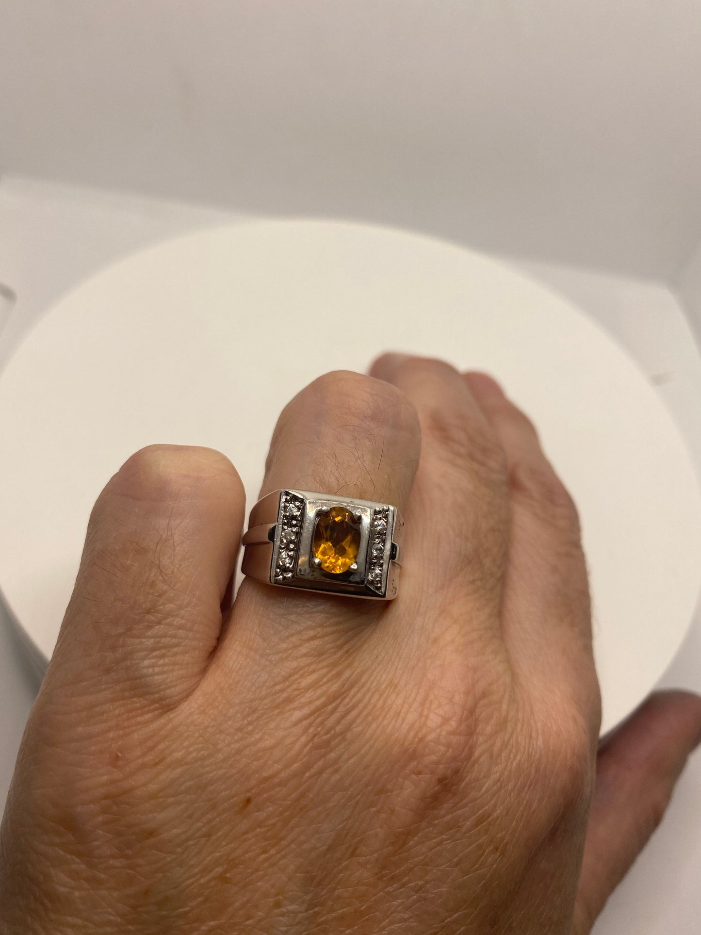 Vintage Golden Citrine and White Sapphire 925 Sterling Silver Ring